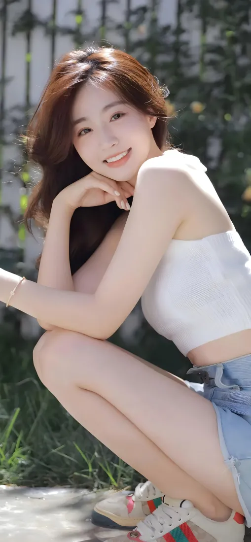 美女性感手机壁纸｜清新少女背景图片 - 甜美蹲姿「哲风壁纸」