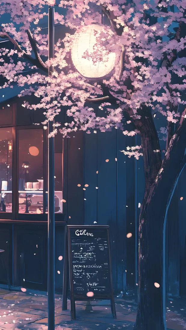 樱花手机壁纸｜咖啡店背景图片 - 浪漫夜景「哲风壁纸」