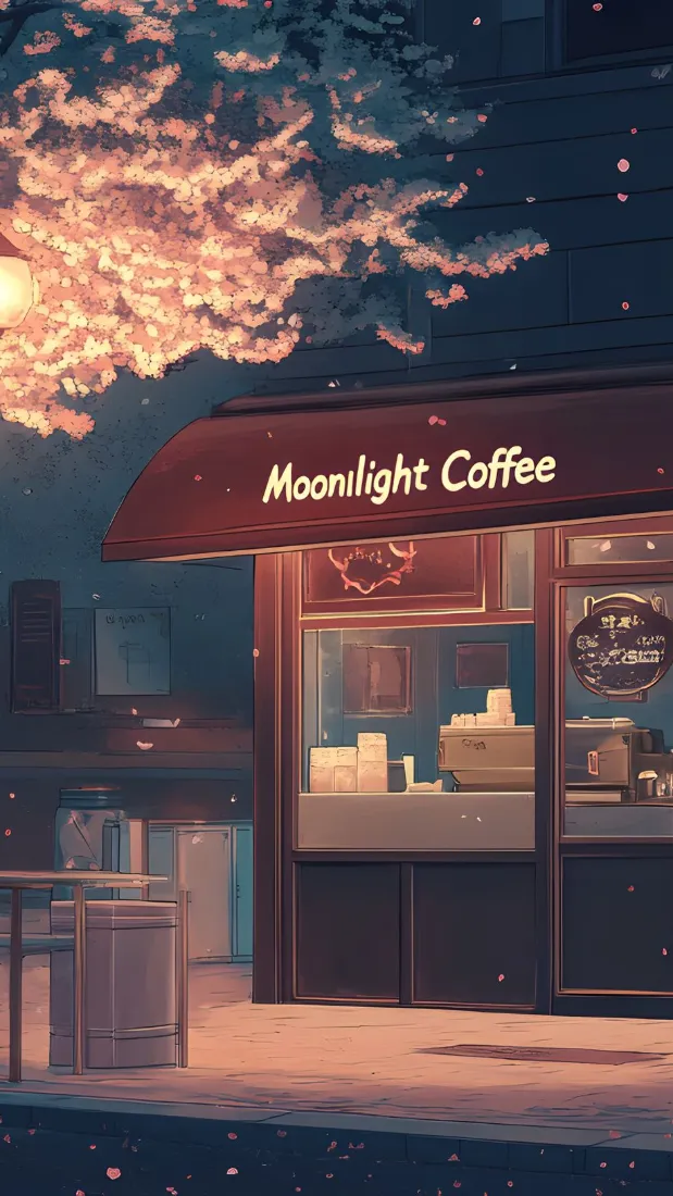 樱花咖啡手机壁纸｜Moonlight Coffee背景图片 - 夜景「哲风壁纸」