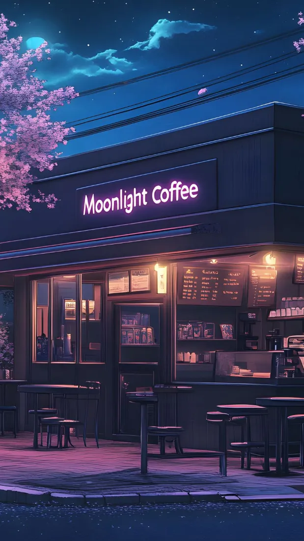 咖啡屋手机壁纸｜樱花背景图片 - 夜景「哲风壁纸」