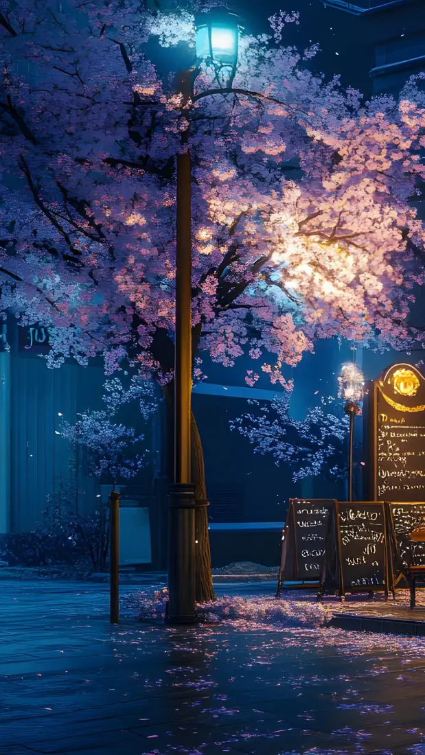 樱花夜景手机壁纸｜咖啡主题背景图片 - 浪漫夜色「哲风壁纸」