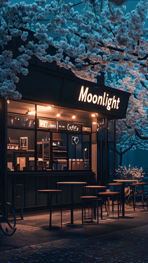 咖啡屋手机壁纸｜樱花背景图片 - 梦幻夜景「哲风壁纸」