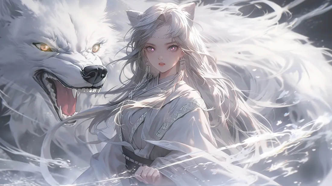 2k雪狼插画壁纸｜少女与雪狼背景图片 - 奇幻风「哲风壁纸」