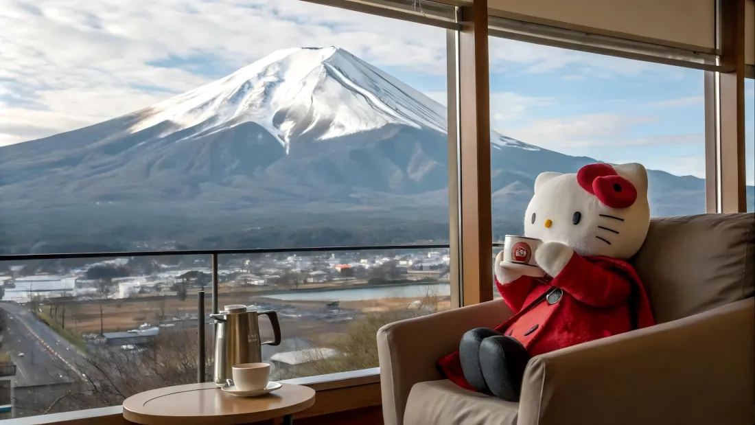 6k凯蒂猫玩偶壁纸｜富士山背景图片 - 可爱风「哲风壁纸」