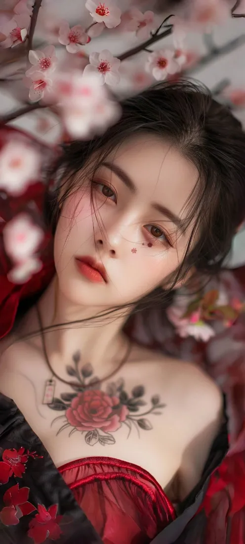 美女古风桃花背景图片 - 个性纹身装扮「哲风壁纸」