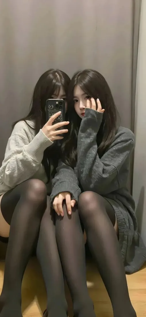 黑丝性感姐妹手机壁纸｜双生背景图片 - 自拍美少女「哲风壁纸」