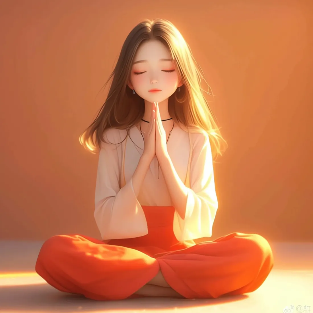 冥想女孩手机壁纸｜橙色背景图片 - 唯美意境「哲风壁纸」