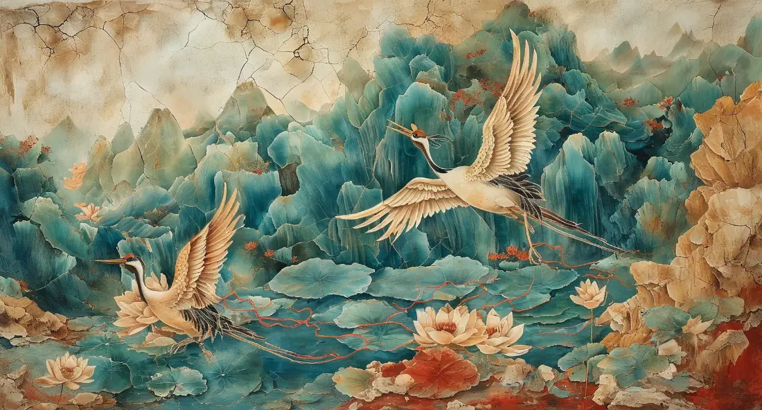 2k仙鹤壁画｜莲花背景图片 - 古风意境「哲风壁纸」