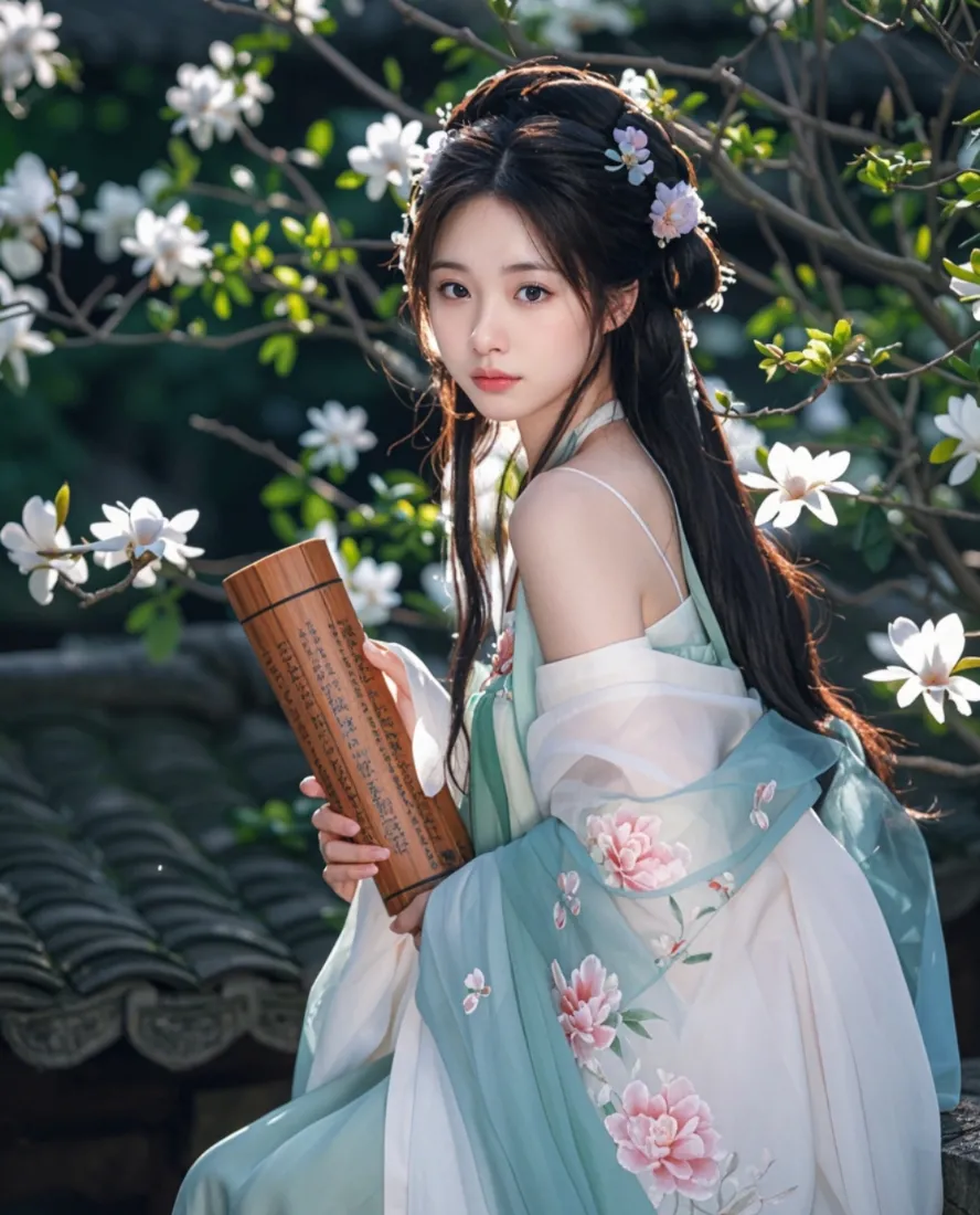 古风写真｜古装女子持卷轴背景图片 - 唯美「哲风壁纸」