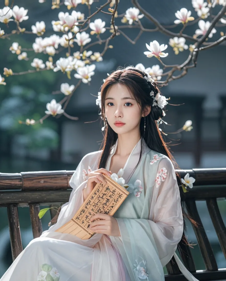 古风写真手机壁纸｜古典美人玉兰背景图片 - 唯美意境「哲风壁纸」