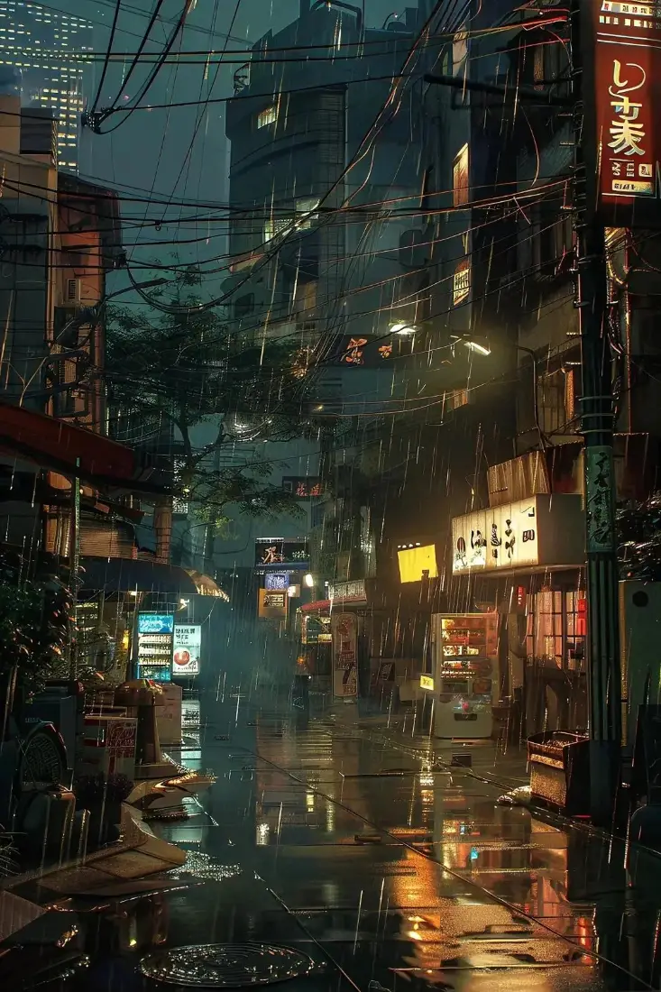 雨夜手机壁纸｜城市夜景背景图片 - 雨中街巷「哲风壁纸」