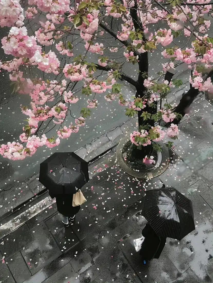 雨景樱花手机壁纸｜雨中漫步背景图片 - 浪漫氛围「哲风壁纸」