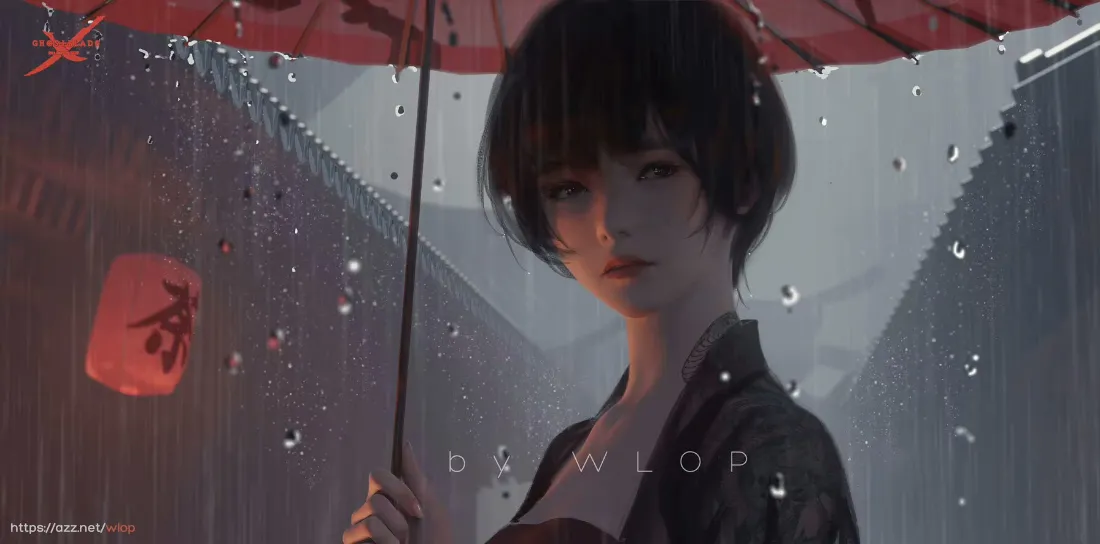2kWLOP鬼刀小绿短发少女壁纸 - 雨中撑伞「哲风壁纸」