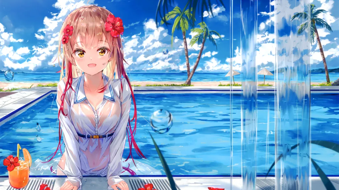 4k少女动漫壁纸｜泳池边的二次元美少女背景图片「哲风壁纸」