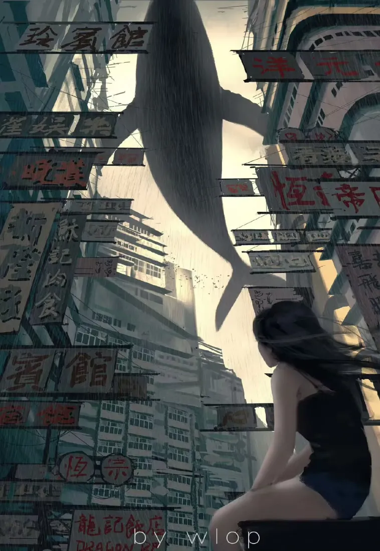 WLOP少女手机壁纸｜城市鲸鱼背景图片 - 梦幻场景「哲风壁纸」