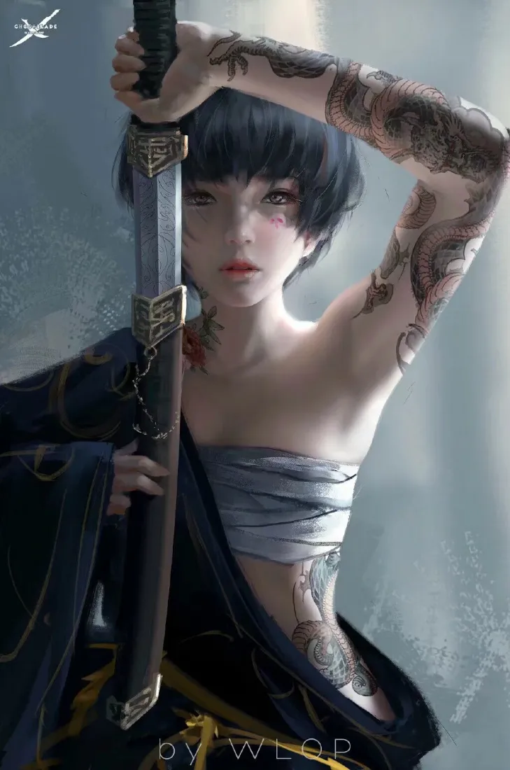 WLOP鬼刀小绿花臂少女手机壁纸 - 暗黑风「哲风壁纸」