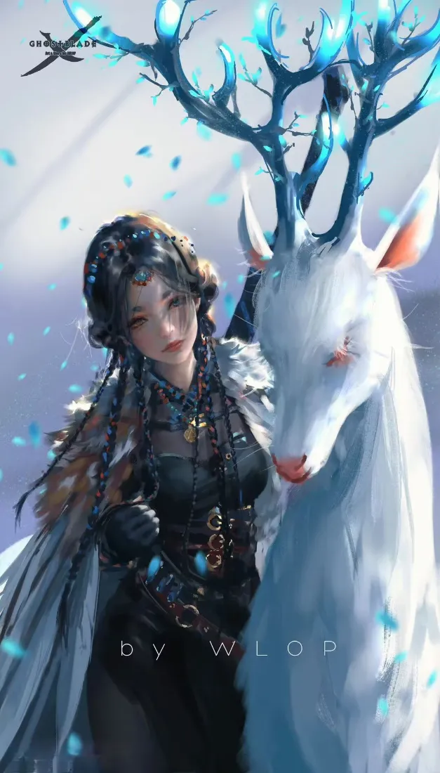 WLOP鬼刀手机壁纸｜女孩与白鹿背景图片 - 奇幻风「哲风壁纸」
