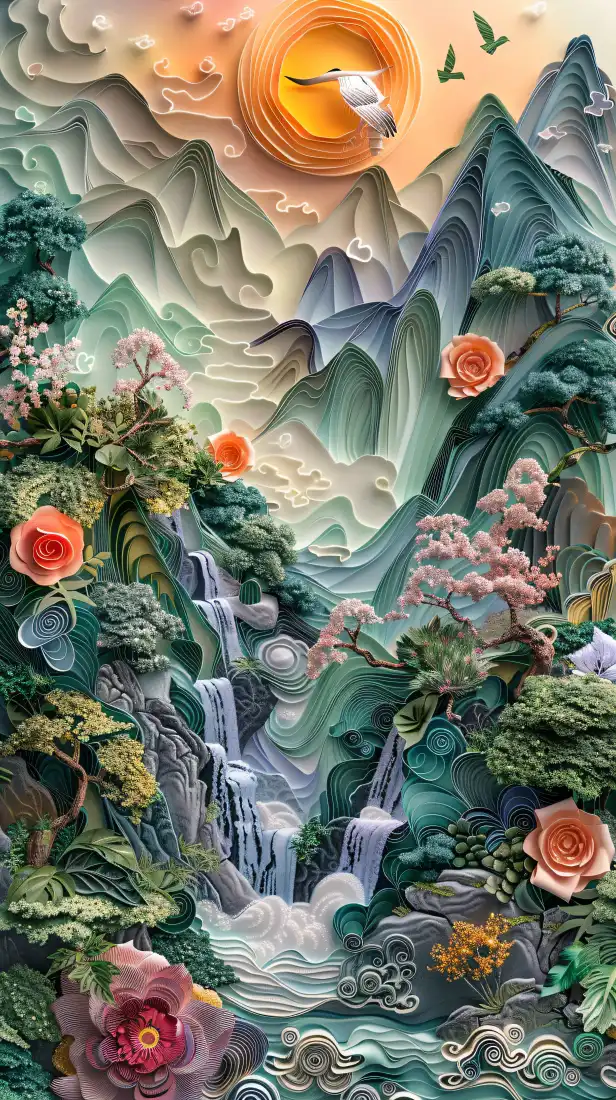 纸雕剪纸手机壁纸｜中国风山水背景图片 - 绝美意境「哲风壁纸」