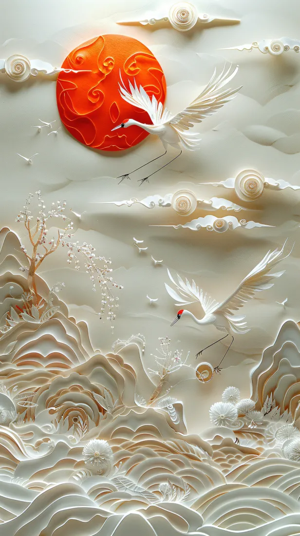 纸雕剪纸手机壁纸｜中国风山水背景图片 - 红日白鹤「哲风壁纸」