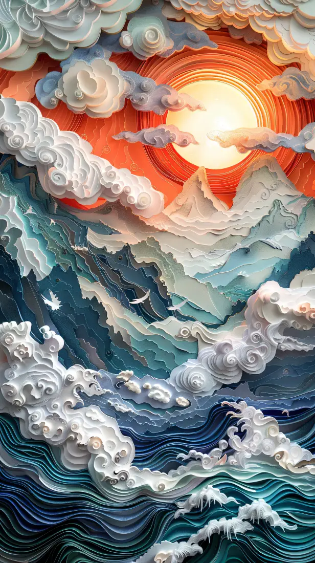 纸雕剪纸中国风山水背景图片 - 绝美日出「哲风壁纸」