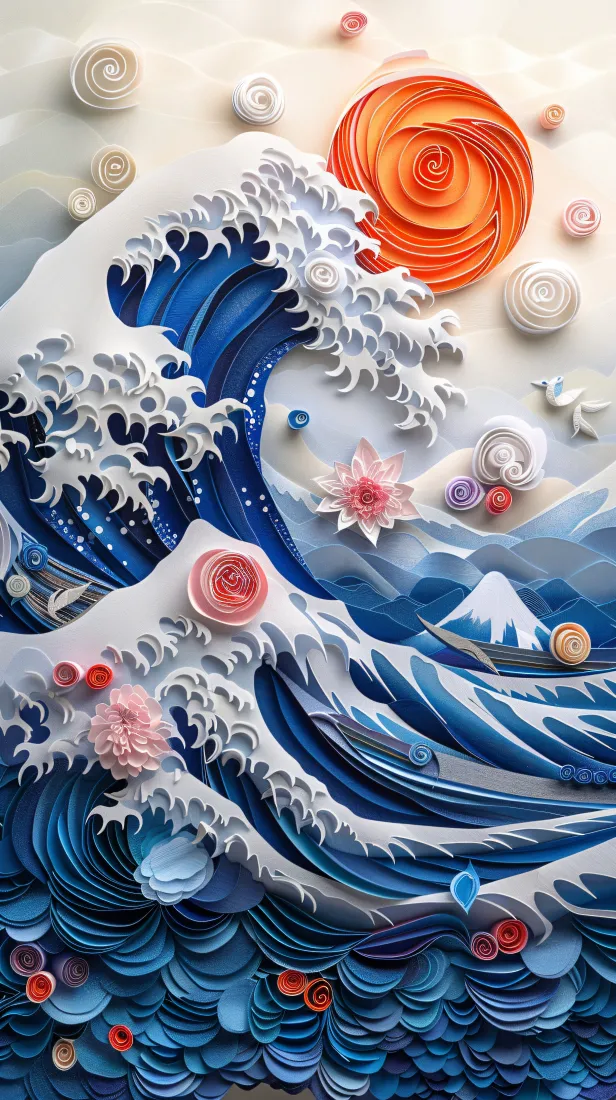 纸雕剪纸手机壁纸｜中国风山水背景图片 - 海浪红日「哲风壁纸」
