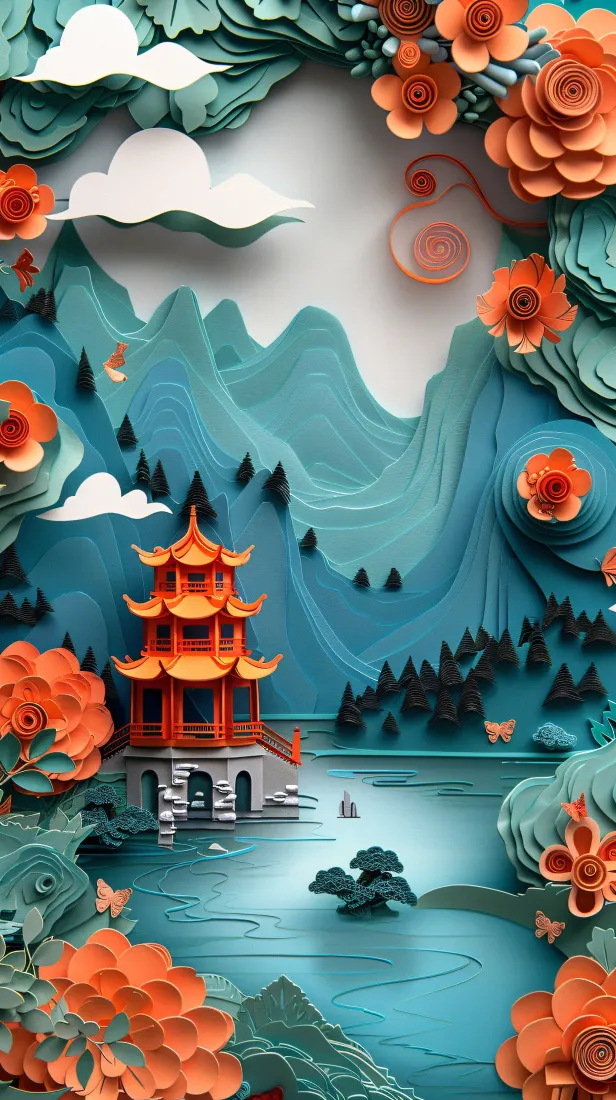 纸雕剪纸手机壁纸｜中国风山水背景图片 - 古韵雅致「哲风壁纸」