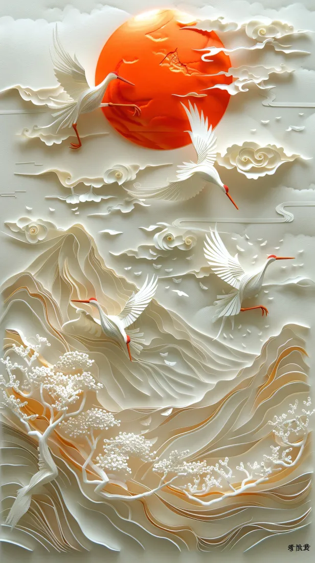 纸雕剪纸手机壁纸｜中国风山水背景图片 - 红日白鹤「哲风壁纸」