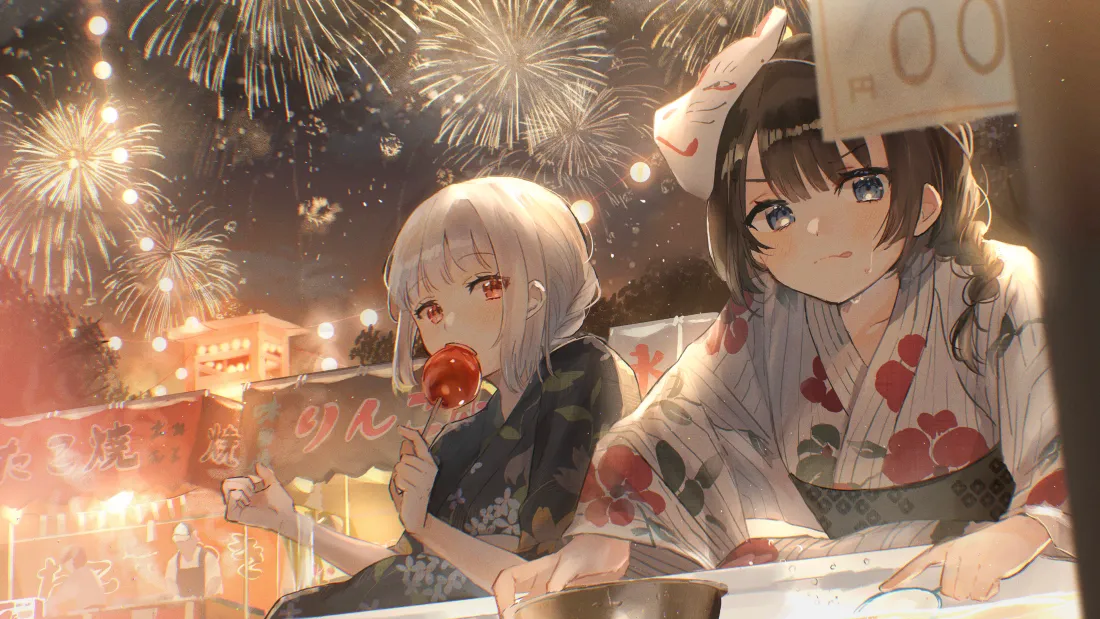 4k少女动漫壁纸｜烟花下和服少女背景图片 - 精美「哲风壁纸」
