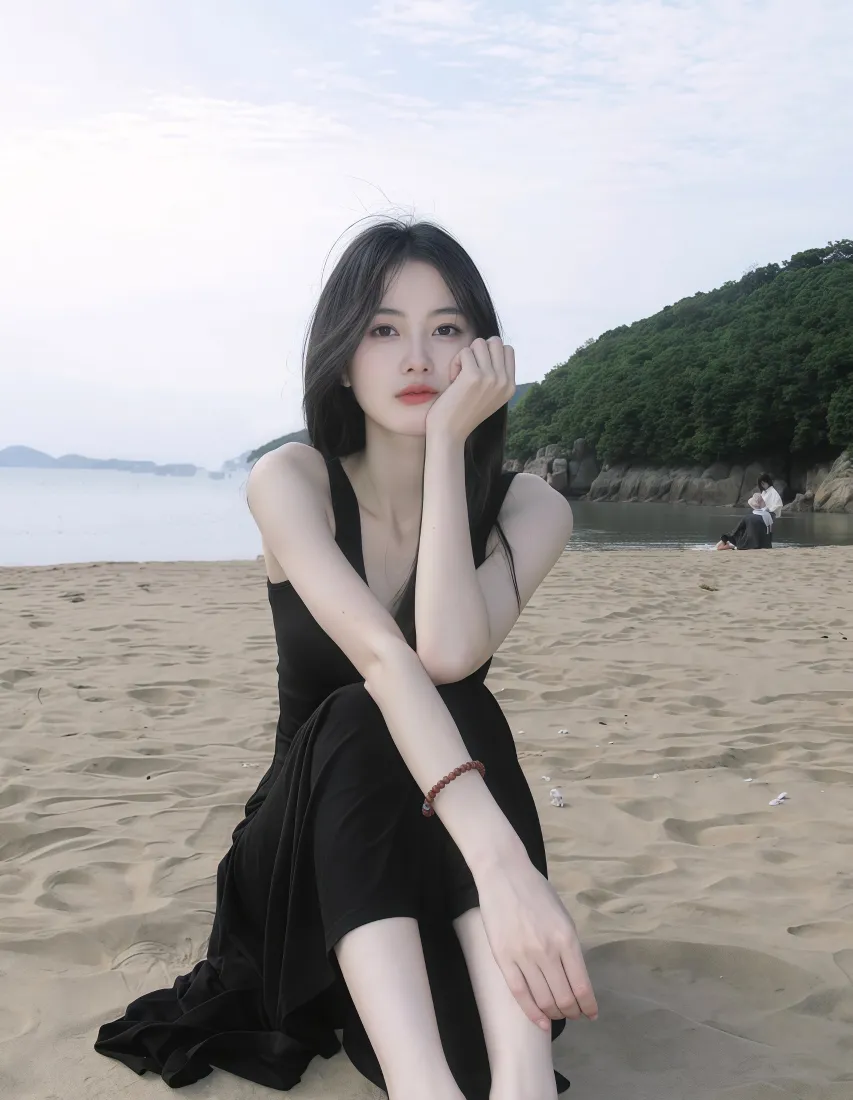 美女沙滩手机壁纸｜黑色连衣裙背景图片 - 唯美风情「哲风壁纸」