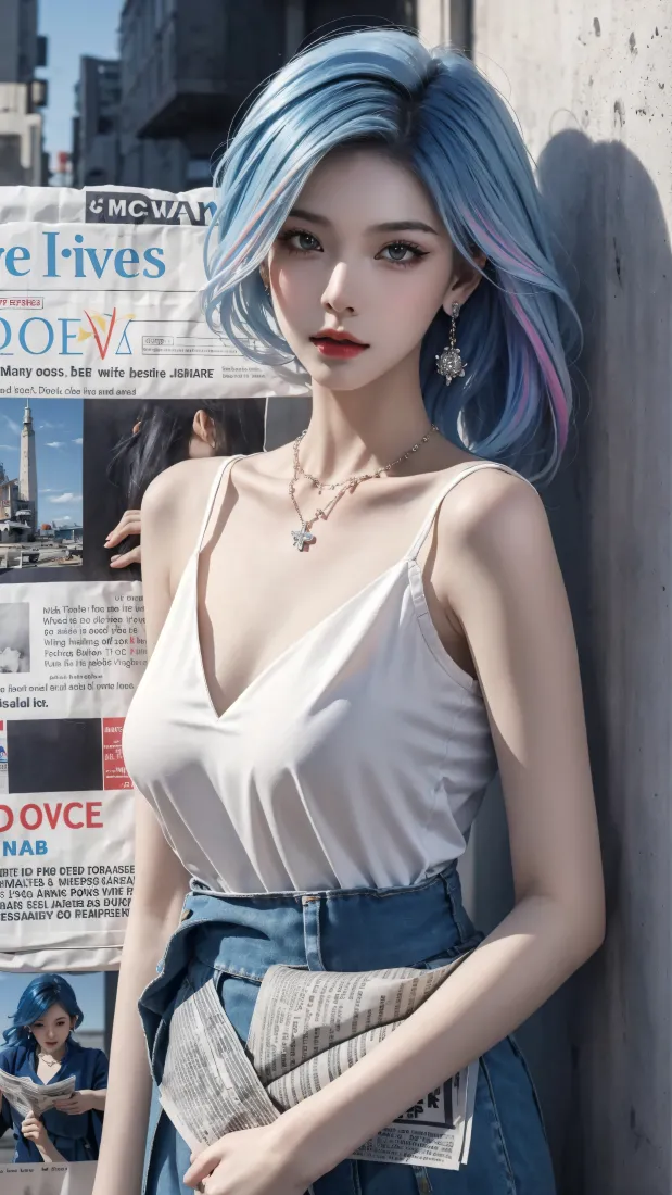 报纸墙少女手机壁纸｜超清手机背景图片 - 蓝发少女「哲风壁纸」