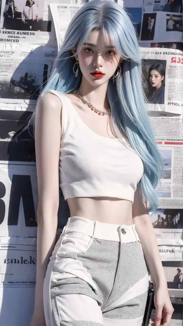 报纸墙少女手机壁纸｜超清手机背景图片 - 蓝发美少女「哲风壁纸」