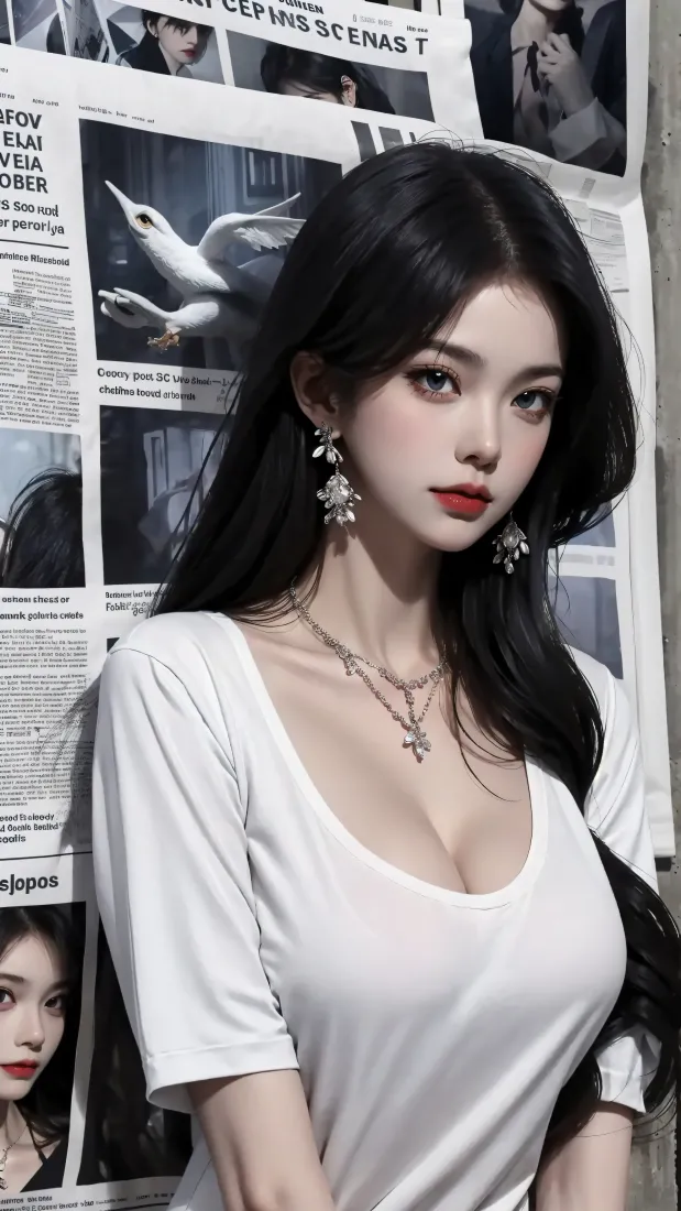 报纸墙少女手机壁纸｜超清手机背景图片 - 时尚美女「哲风壁纸」