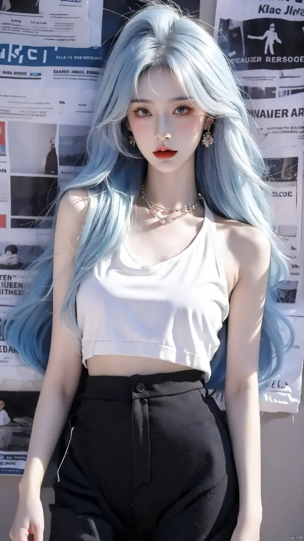 报纸墙少女手机壁纸｜超清手机背景图片 - 蓝发美女「哲风壁纸」