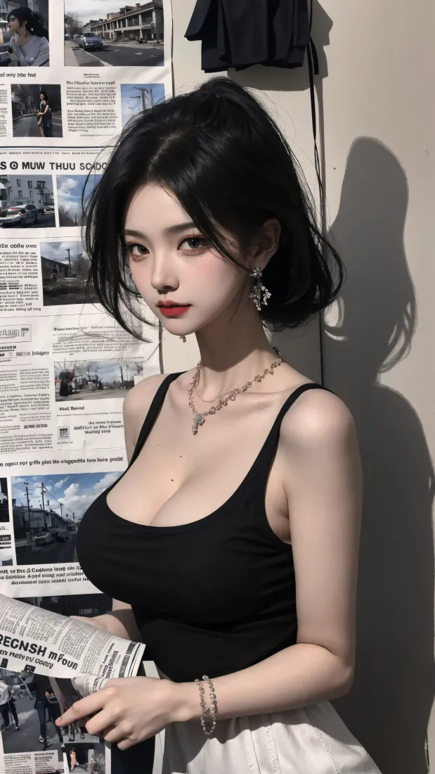报纸墙少女手机壁纸｜超清手机背景图片 - 少女写真「哲风壁纸」