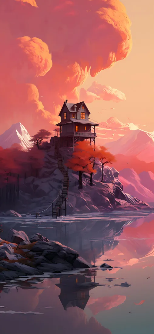 色彩爆发手机壁纸｜湖泊边小木屋背景图片 - 奇幻美景「哲风壁纸」