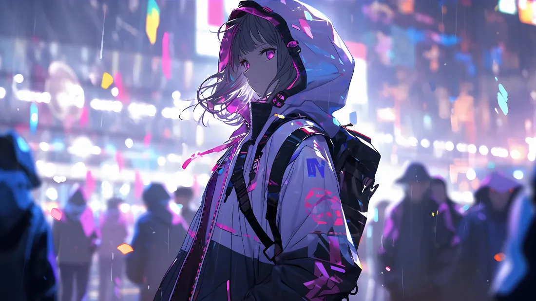 4k紫瞳动漫人物壁纸｜都市雨夜背景图片 - 超酷「哲风壁纸」