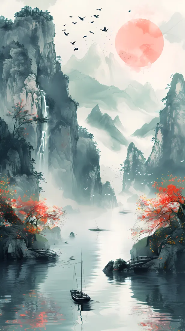 水墨山水手机手机壁纸｜中式意境背景图片 - 山水红日「哲风壁纸」