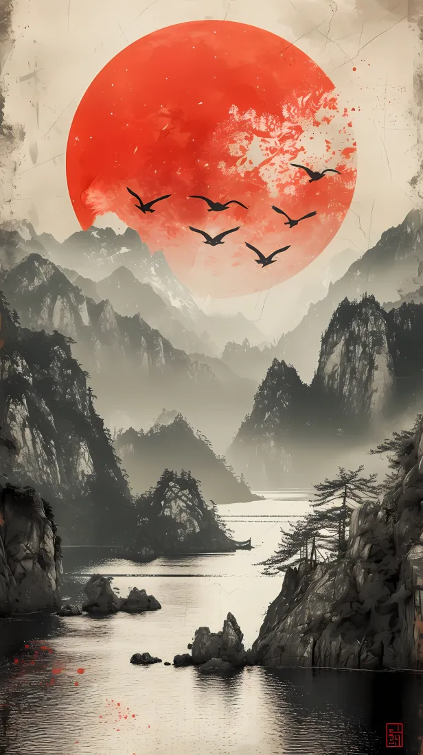 水墨山水手机壁纸｜手机背景图片 - 红日飞鸟「哲风壁纸」