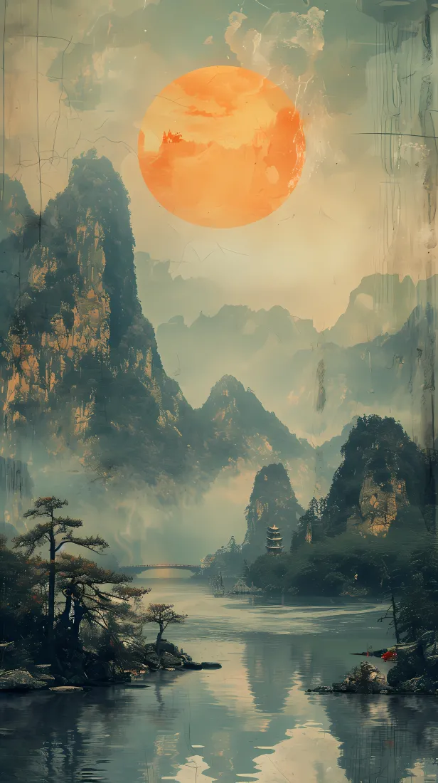 水墨山水手机手机壁纸｜山水背景图片 - 圆月美景「哲风壁纸」