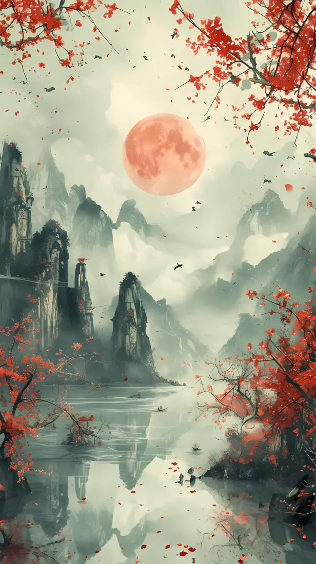 水墨山水手机手机壁纸｜中式意境背景图片 - 月夜山水「哲风壁纸」