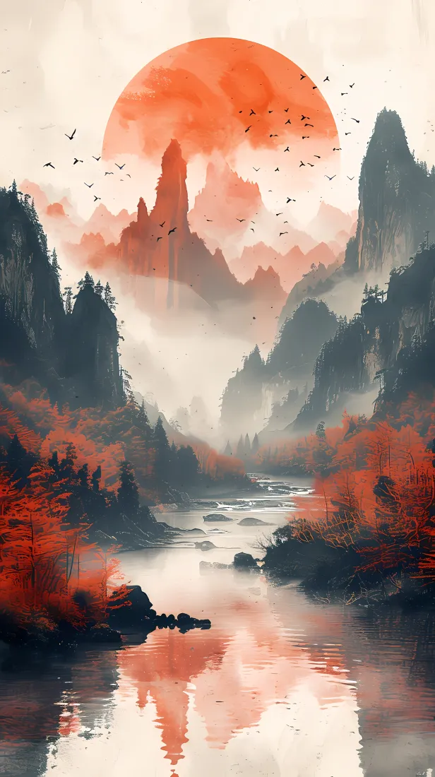 水墨山水手机壁纸｜手机背景图片 - 红日山川「哲风壁纸」