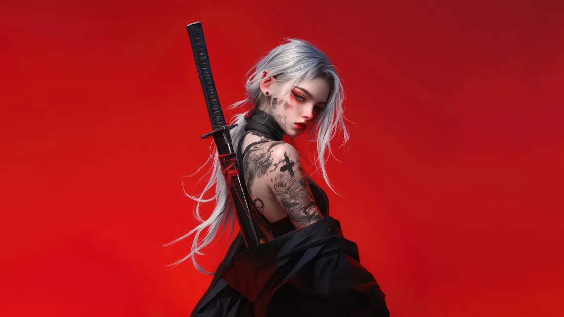 8kAI少女壁纸｜二次元纹身武士刀背景图片 - 惊艳「哲风壁纸」