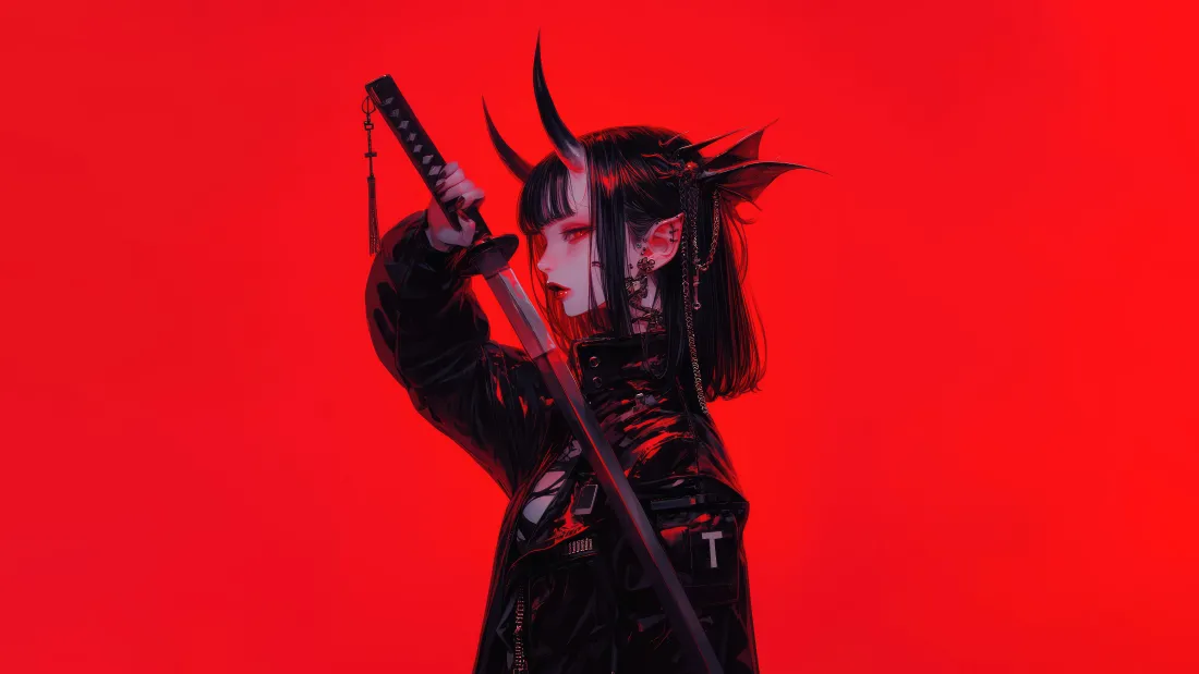 8kAI少女壁纸｜二次元纹身武士刀背景图片 - 酷飒「哲风壁纸」