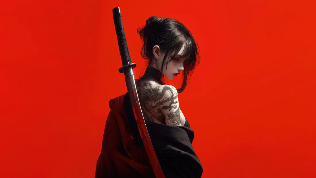8kAI动漫少女壁纸｜纹身武士刀背景图片 - 二次元「哲风壁纸」