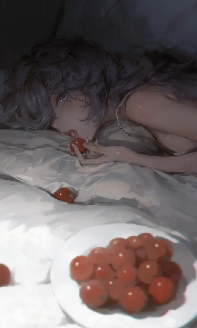 少女慵懒风手机壁纸｜躺卧吃果背景图片 - 唯美「哲风壁纸」