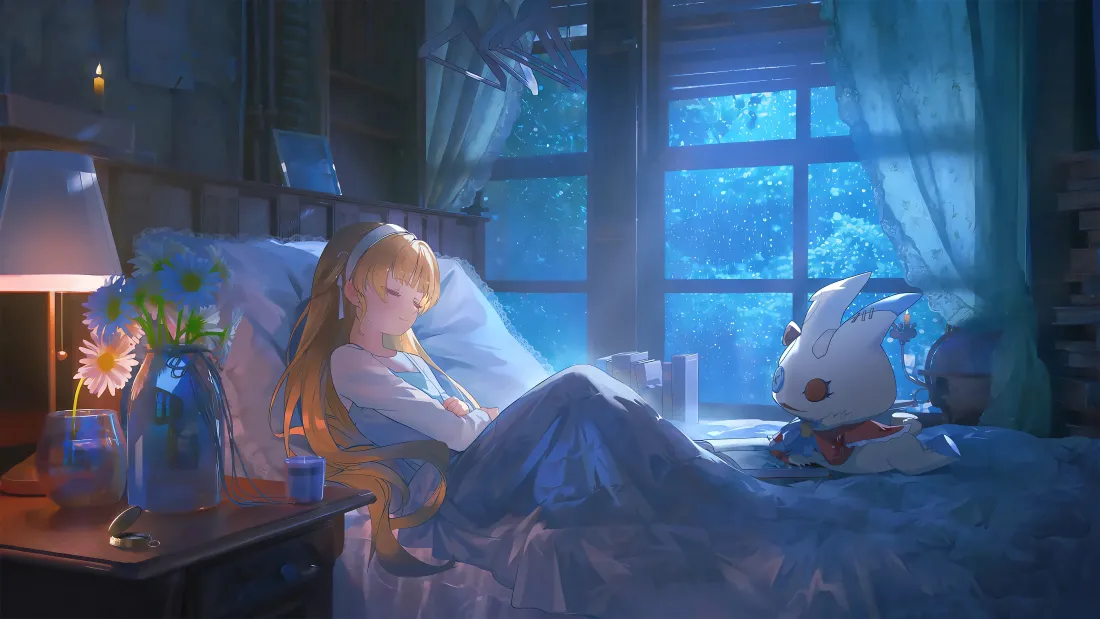 4k少女卧室壁纸｜二次元夜晚背景 - 兔子陪伴「哲风壁纸」