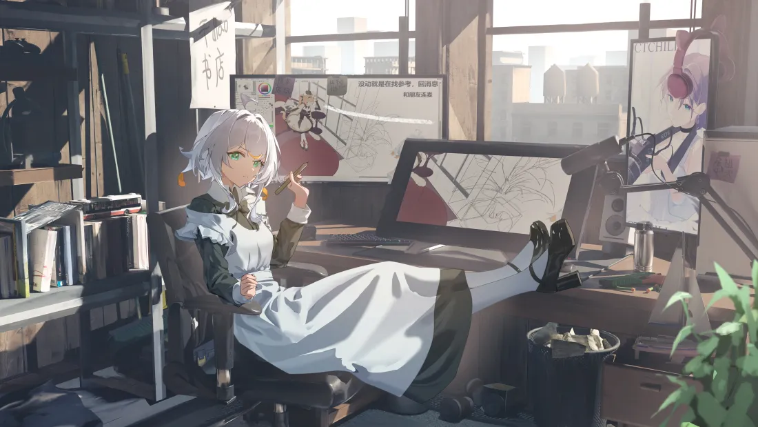 6k银发少女画室壁纸｜二次元背景图片 - 阳光插画「哲风壁纸」