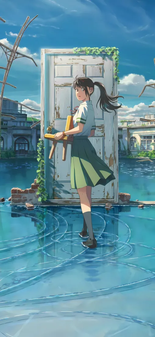 少女手机壁纸｜水漫废墟背景图片 - 动漫场景「哲风壁纸」
