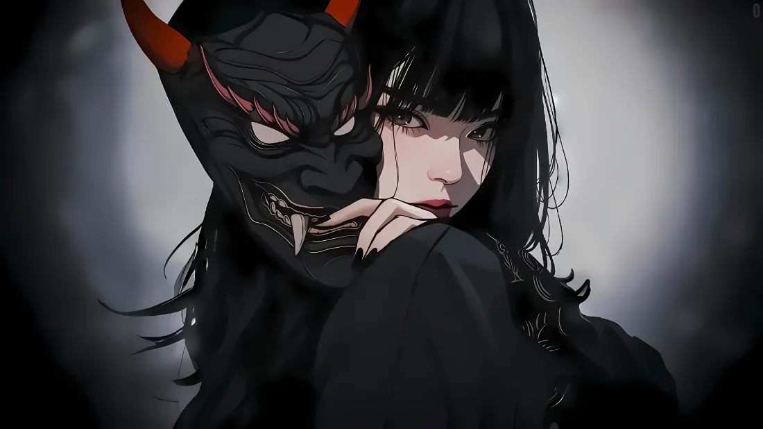 8k(恶魔少女壁纸｜暗黑简约背景图片 - 神秘面具)「哲风壁纸」