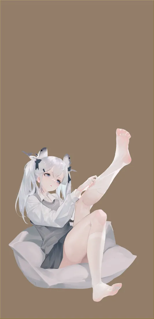(银发少女白丝坐姿手机壁纸｜清新背景图片 - 二次元美少女)「哲风壁纸」